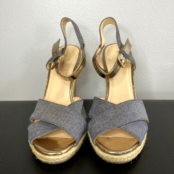 Cole Haan Espadrille Wedge Sandals Heels Sz 7B Chambray Ankle Strap D41160 - Picture 2 of 8